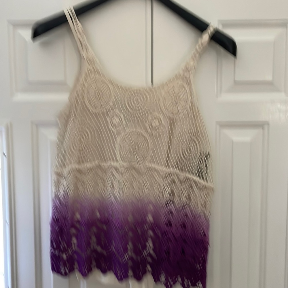 Women’s INC macramé, cream/purple top.